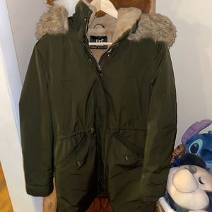 Zara Olive Green Parka with Faux Fur Trim